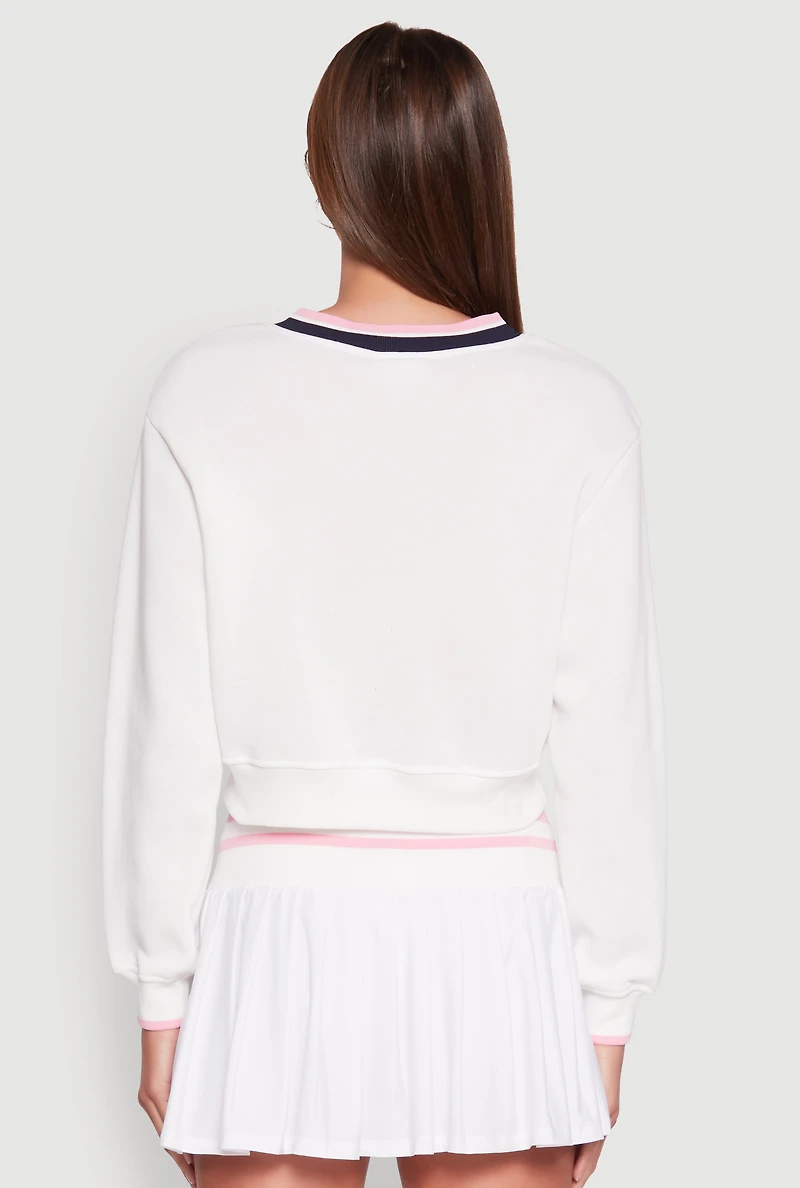 Womens Graphic V Neck Varsity Sweatshirt, White, Size S