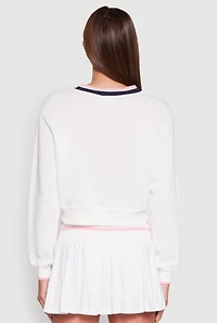 Womens Graphic V Neck Varsity Sweatshirt, White, Size S