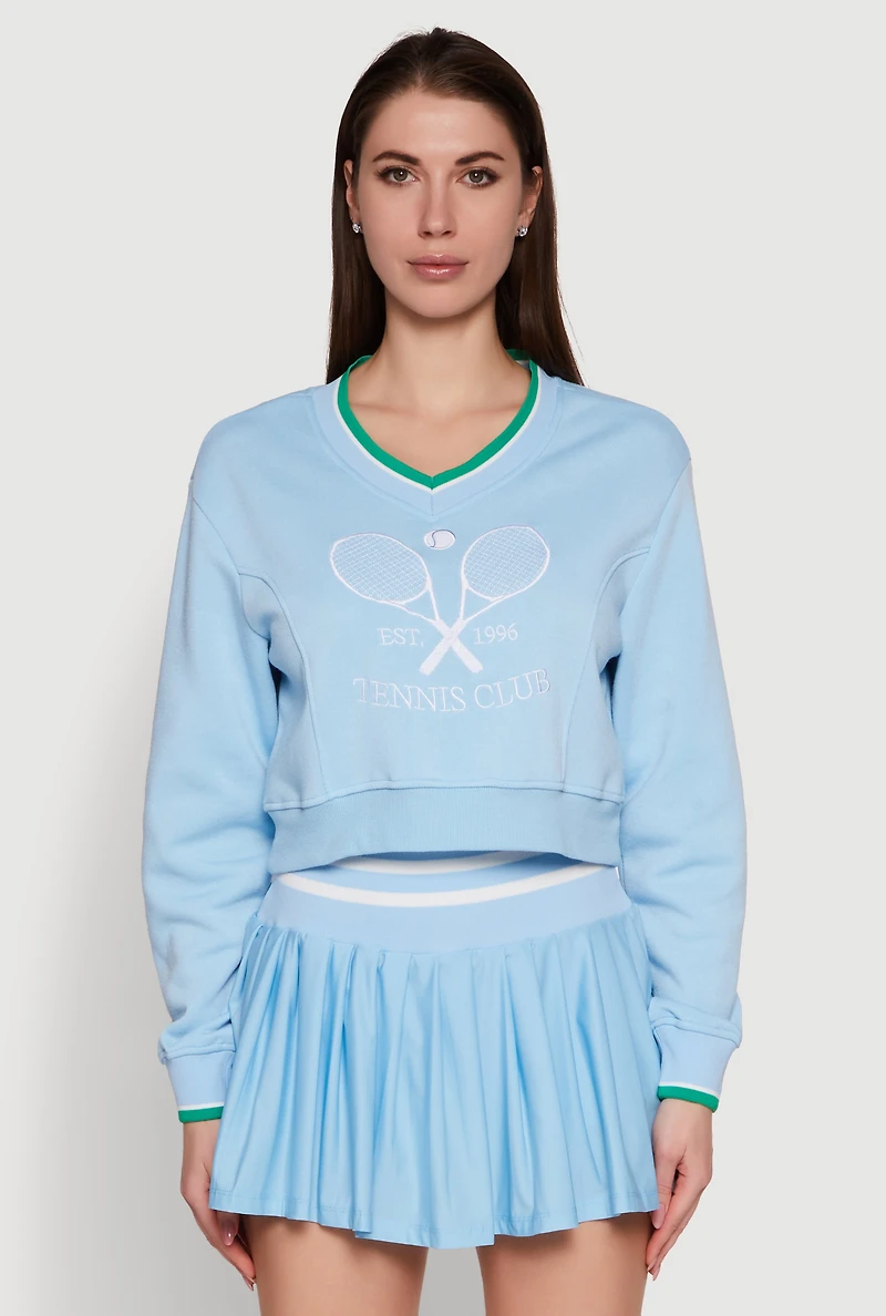 Womens Graphic V Neck Varsity Sweatshirt, Blue, Size L