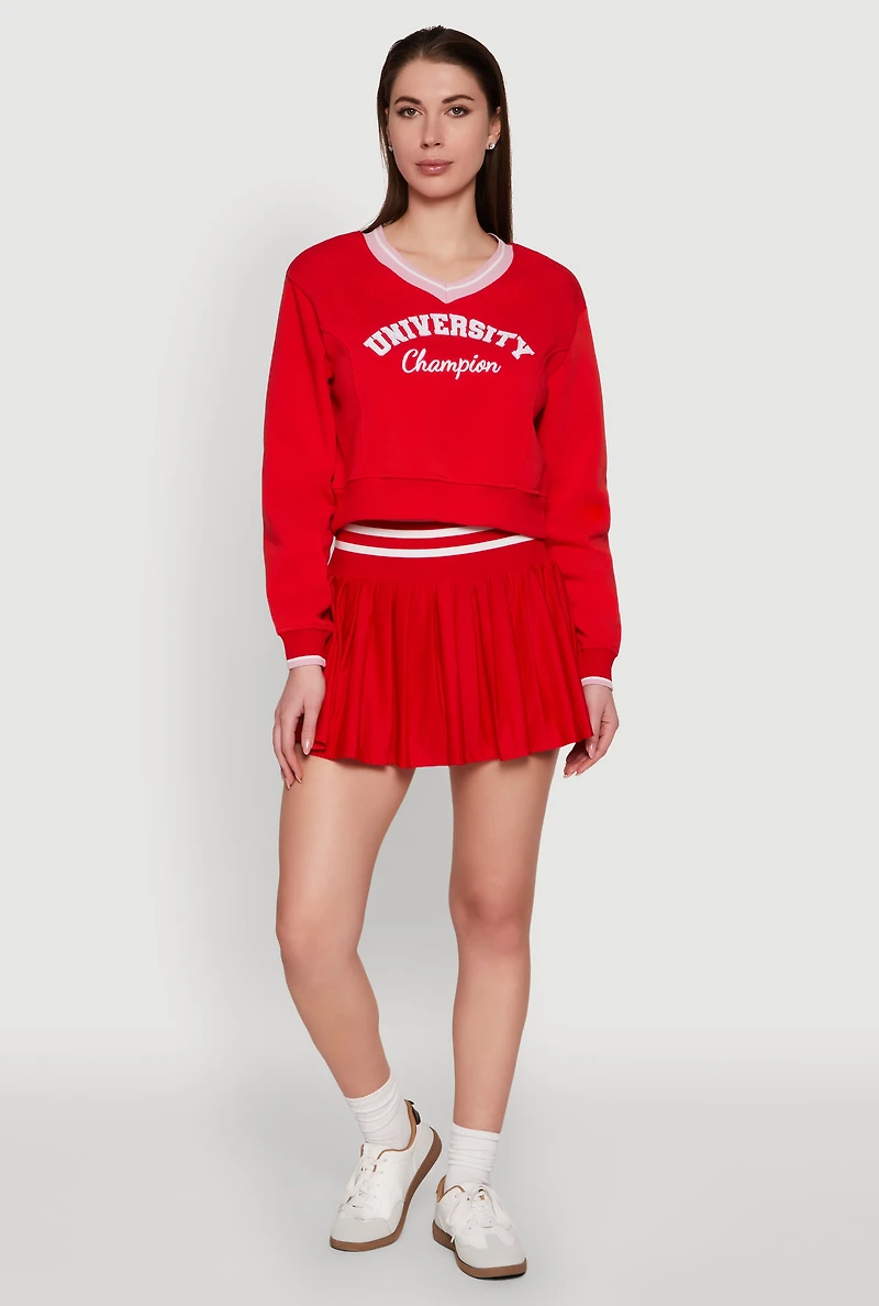Womens Graphic V Neck Varsity Sweatshirt, Red,