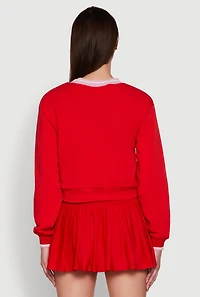 Womens Graphic V Neck Varsity Sweatshirt, Red,