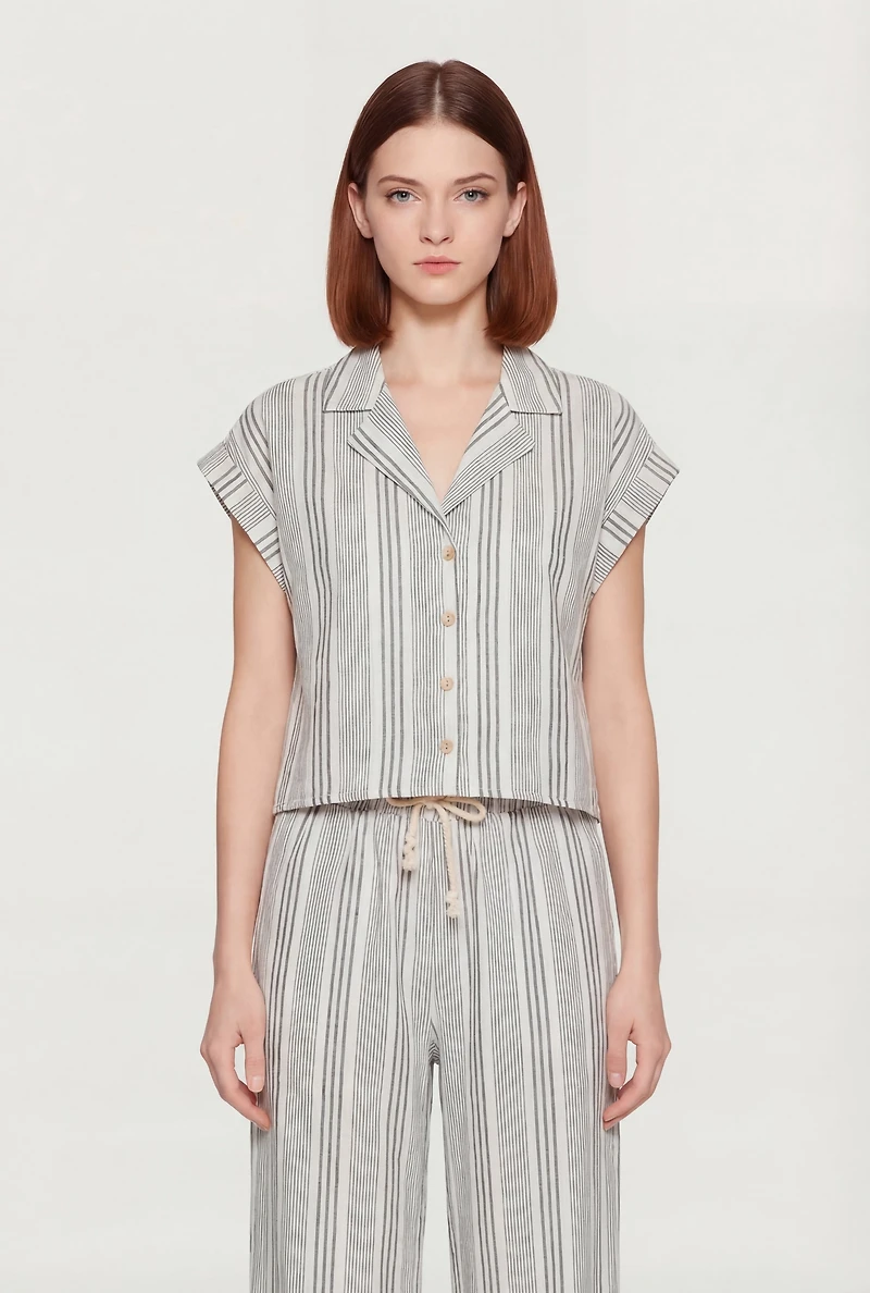 Striped Button Front Collared Dolman Sleeve Blouse