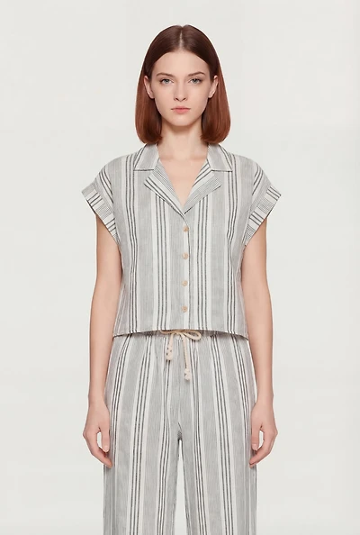 Striped Button Front Collared Dolman Sleeve Blouse