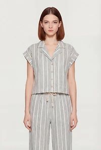 Striped Button Front Collared Dolman Sleeve Blouse