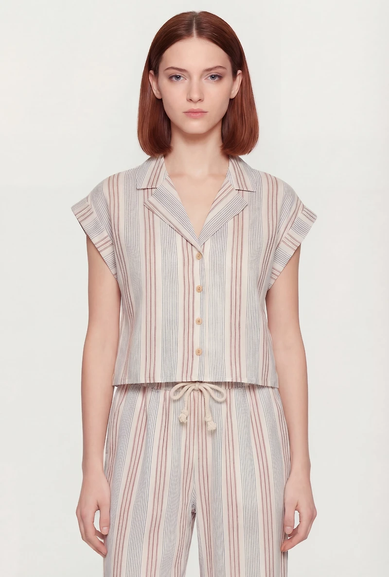 Striped Button Front Collared Dolman Sleeve Blouse
