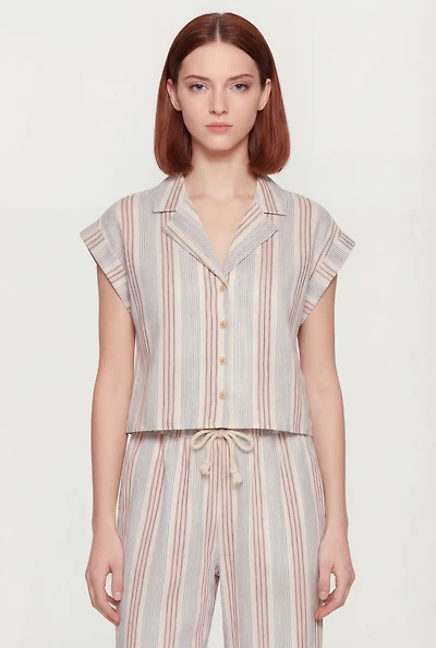 Striped Button Front Collared Dolman Sleeve Blouse
