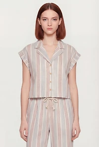 Striped Button Front Collared Dolman Sleeve Blouse