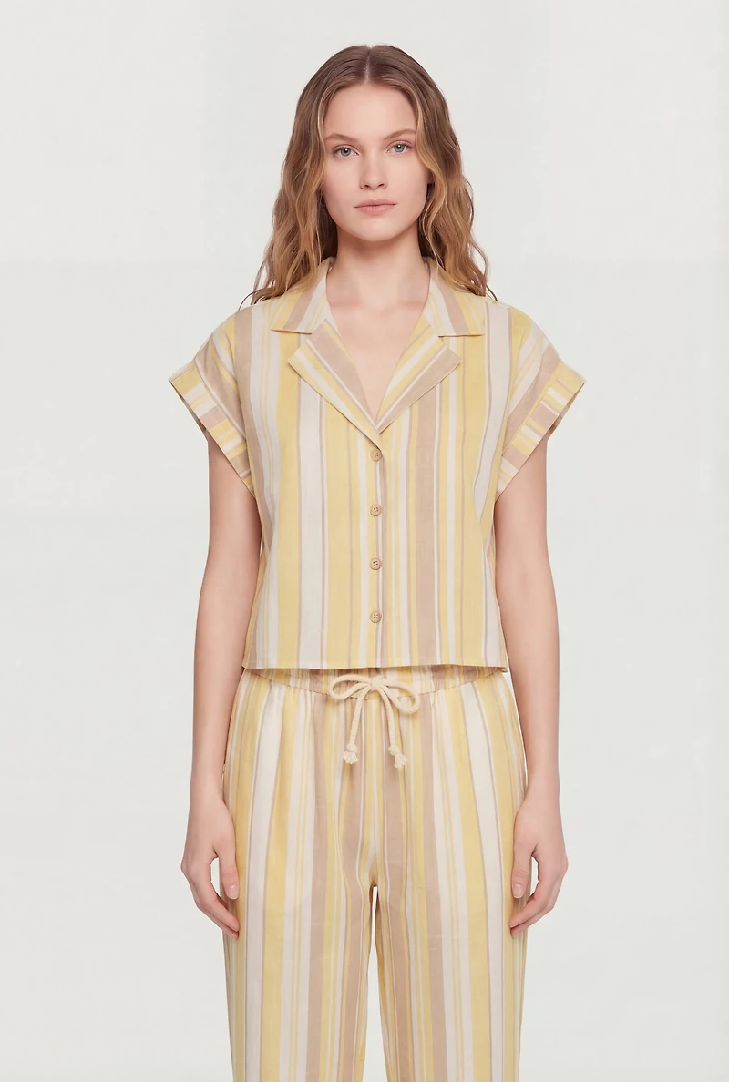 Striped Button Front Collared Dolman Sleeve Blouse