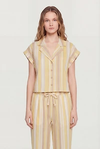 Striped Button Front Collared Dolman Sleeve Blouse