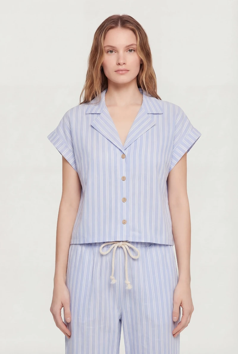 Striped Button Front Collared Dolman Sleeve Blouse