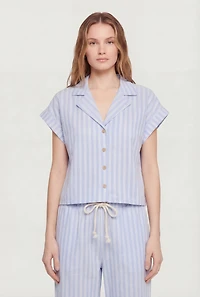 Striped Button Front Collared Dolman Sleeve Blouse