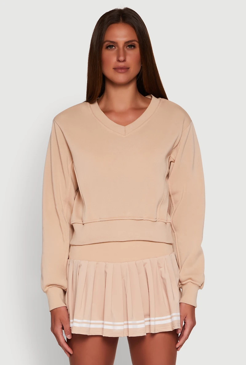 Womens Long Sleeve V Neck Sweatshirt, Beige, Size L