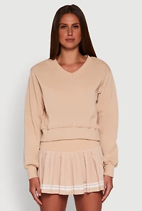 Womens Long Sleeve V Neck Sweatshirt, Beige, Size L