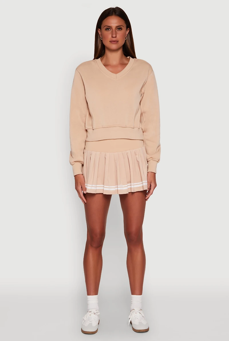 Womens Long Sleeve V Neck Sweatshirt, Beige, Size L