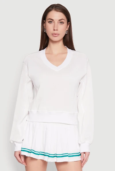 Womens Long Sleeve V Neck Sweatshirt, White, Size L