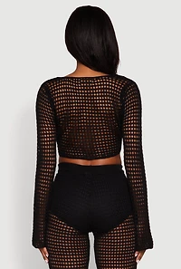 Womens Crochet Tie Front Crop Top, Black, Size L