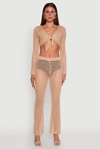 Womens Crochet Tie Front Crop Top, Beige, Size S