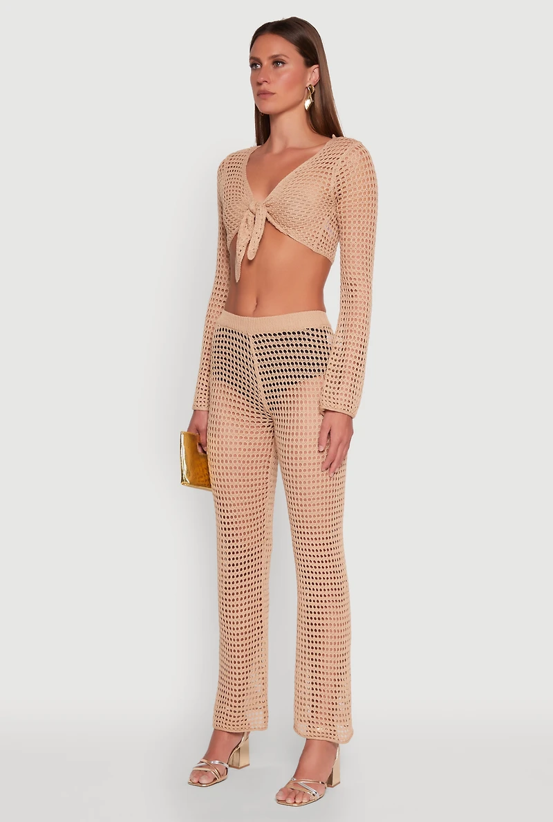 Womens Crochet Tie Front Crop Top, Beige, Size L