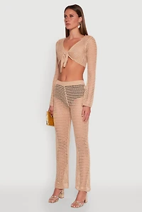 Womens Crochet Tie Front Crop Top, Beige, Size L