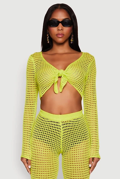 Womens Crochet Tie Front Crop Top, Green, Size M