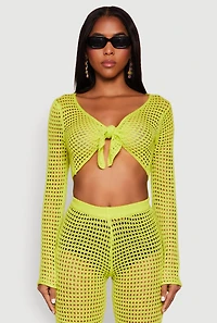 Womens Crochet Tie Front Crop Top, Green, Size M