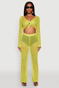 Womens Crochet Tie Front Crop Top, Green, Size M