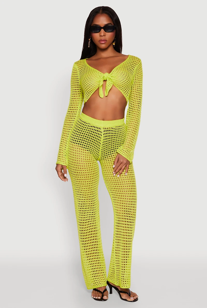 Womens Crochet Tie Front Crop Top, Green, Size M