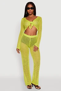 Womens Crochet Tie Front Crop Top, Green, Size M