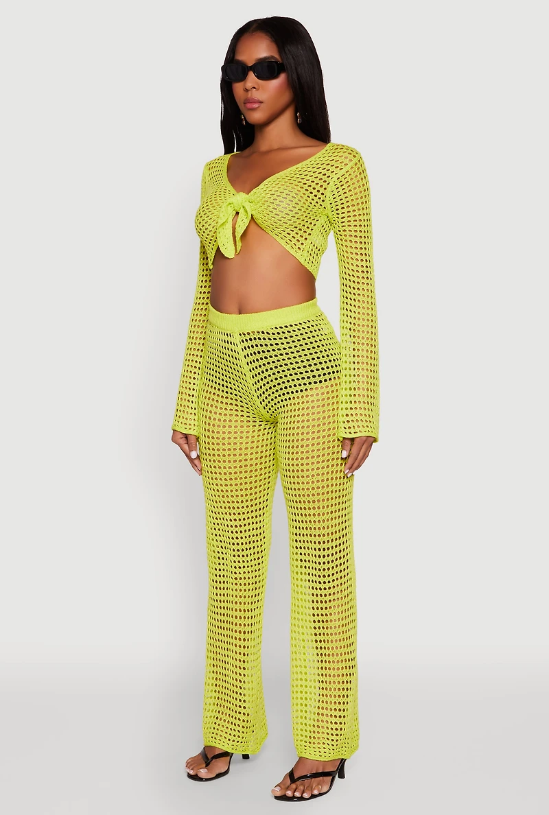 Womens Crochet Tie Front Crop Top, Green, Size M