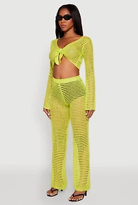Womens Crochet Tie Front Crop Top, Green, Size M