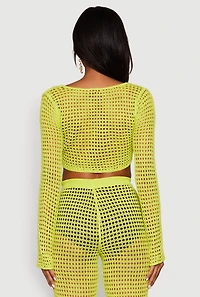 Womens Crochet Tie Front Crop Top, Green, Size M