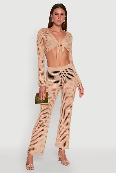 Womens Crochet Straight Leg Pants, Khaki, Size L