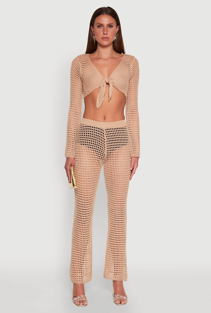 Womens Crochet Straight Leg Pants, Khaki, Size L