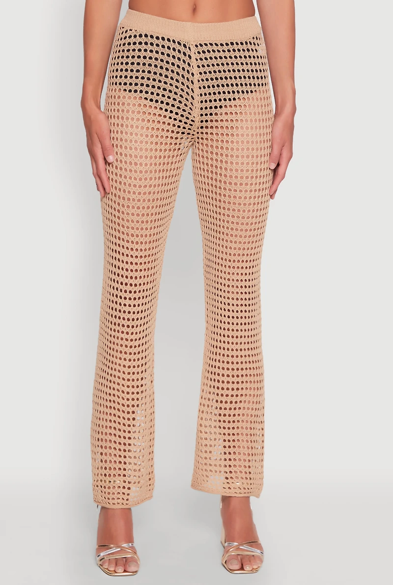 Womens Crochet Straight Leg Pants, Khaki, Size L