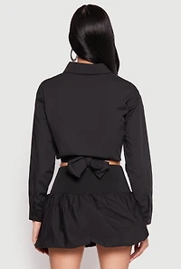 Womens Poplin Faux Pocket Tie Front Crop Top, Black, Size L