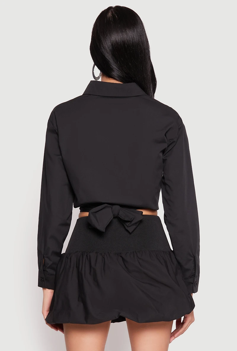 Womens Poplin Faux Pocket Tie Front Crop Top,