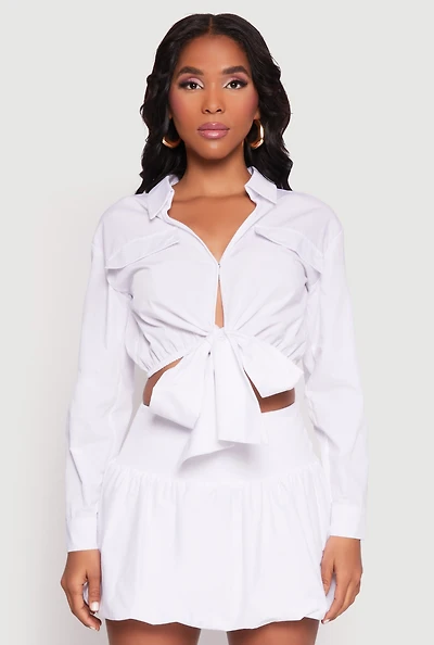 Womens Poplin Faux Pocket Tie Front Crop Top, White,