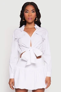 Womens Poplin Faux Pocket Tie Front Crop Top, White,