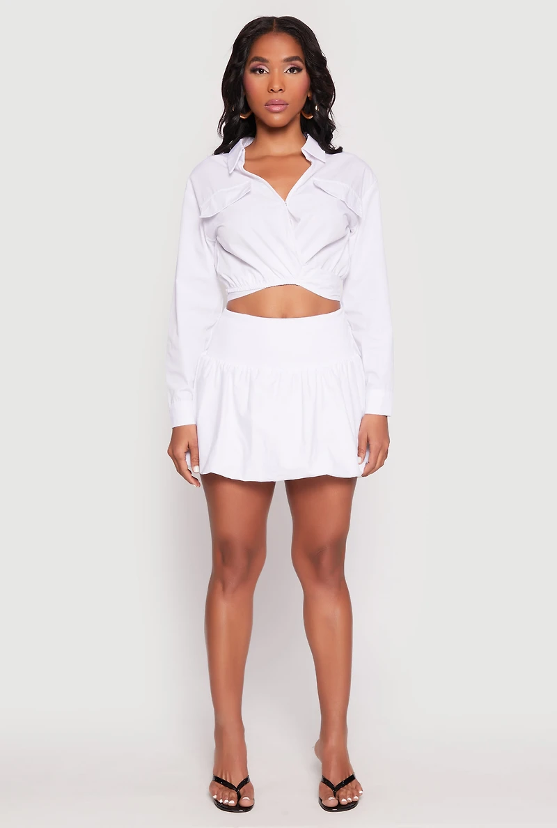Womens Poplin Faux Pocket Tie Front Crop Top, White,