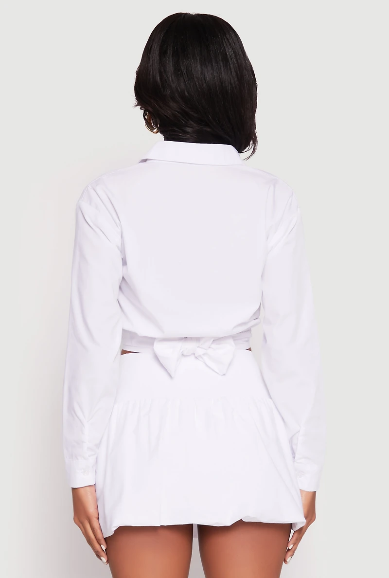 Womens Poplin Faux Pocket Tie Front Crop Top, White,