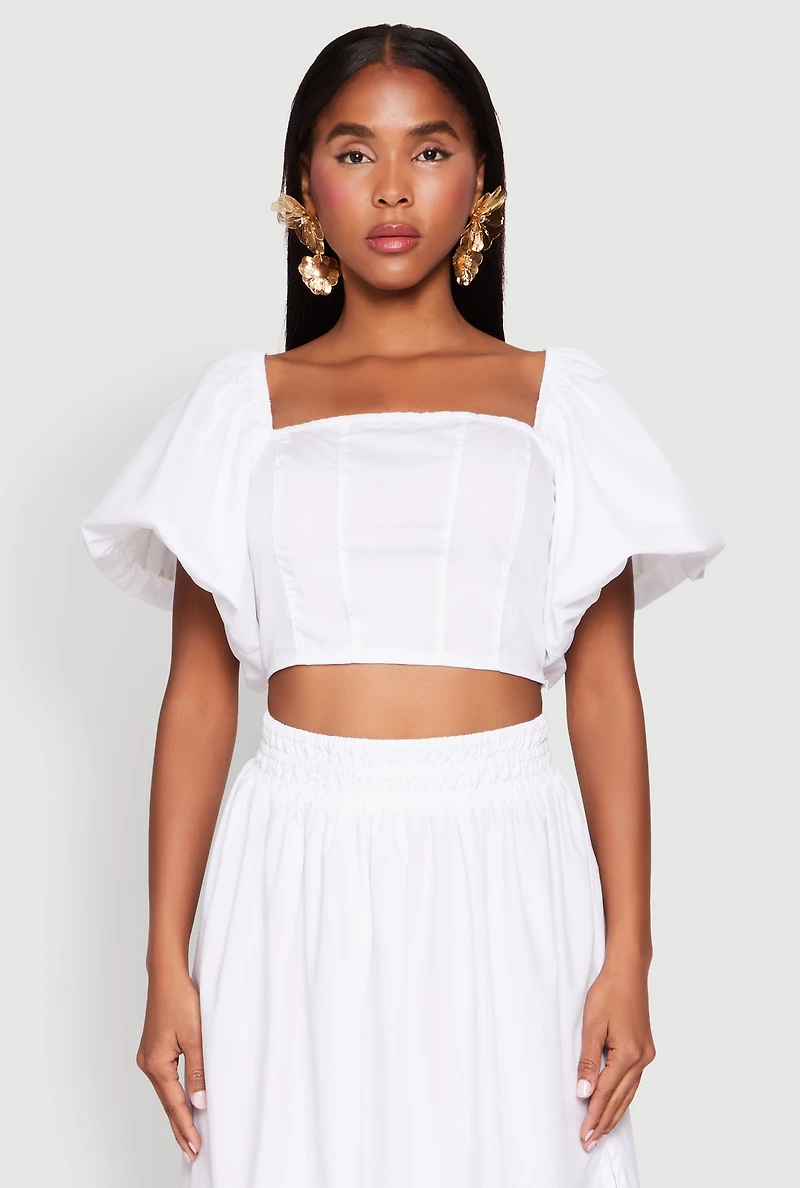 Womens Poplin Puff Sleeve Corset Crop Top, White,