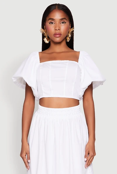 Womens Poplin Puff Sleeve Corset Crop Top, White,