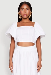 Womens Poplin Puff Sleeve Corset Crop Top, White,