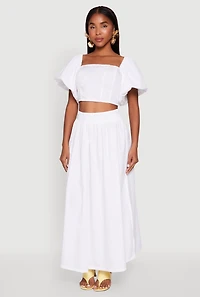 Womens Poplin Puff Sleeve Corset Crop Top, White,