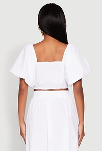 Womens Poplin Puff Sleeve Corset Crop Top, White,