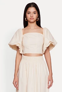 Womens Poplin Puff Sleeve Corset Crop Top, Beige, Size M