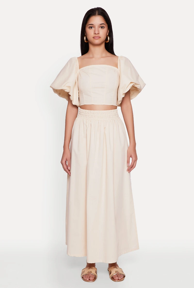 Womens Poplin Puff Sleeve Corset Crop Top, Beige, Size M