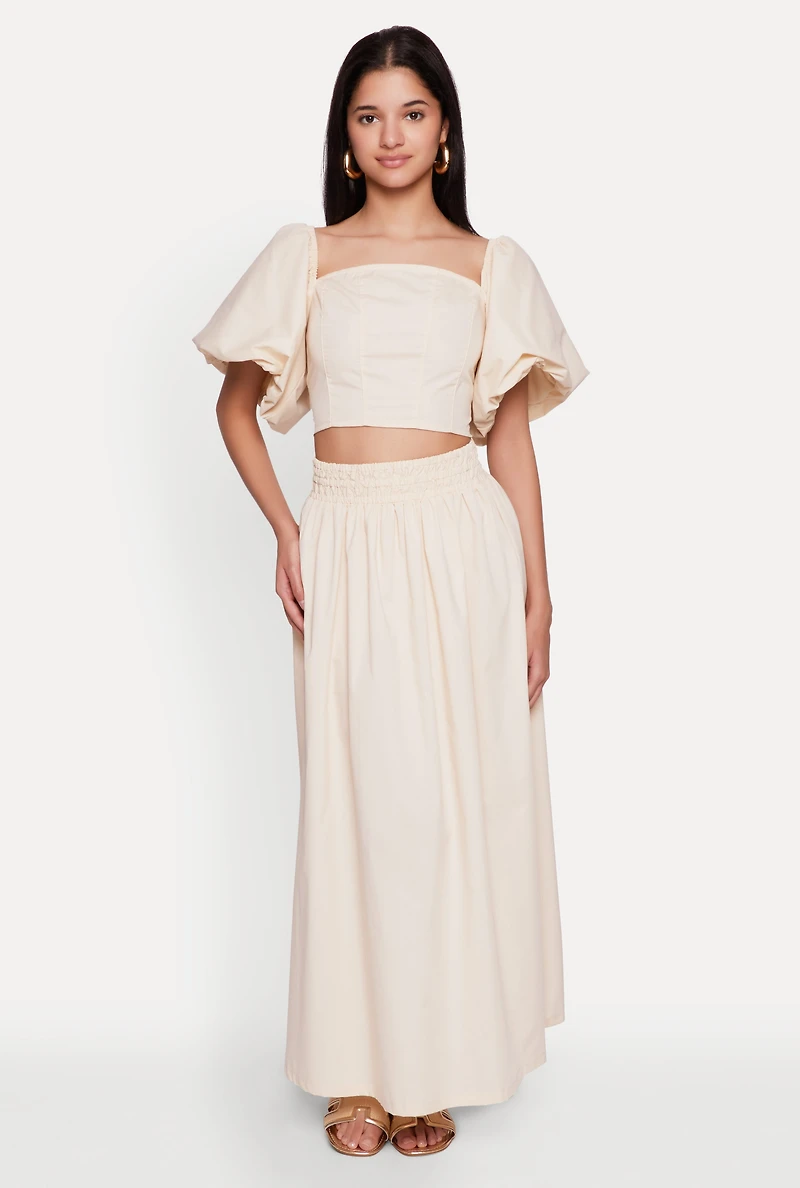 Womens Poplin Puff Sleeve Corset Crop Top, Beige, Size M