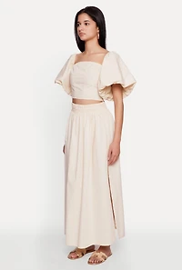 Womens Poplin Puff Sleeve Corset Crop Top, Beige, Size M