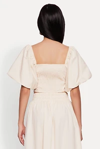 Womens Poplin Puff Sleeve Corset Crop Top,